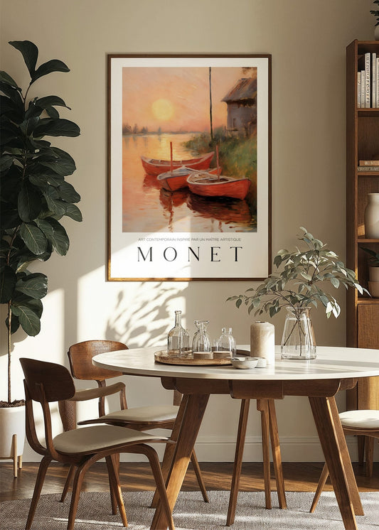 Inspired by Claude Monet – Röda båtar i solnedgång Poster