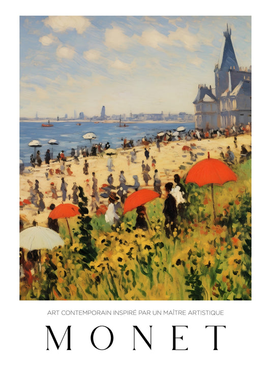 Inspired by Claude Monet – Strandliv med röda paraplyer Poster