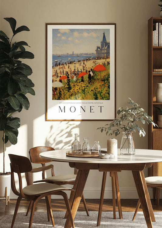 Inspired by Claude Monet – Strandliv med röda paraplyer Poster