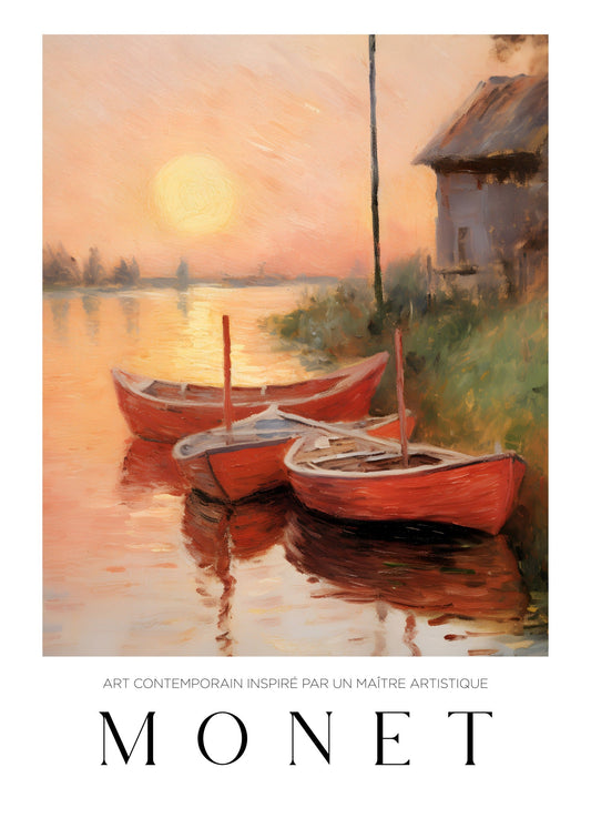 Inspired by Claude Monet – Röda båtar i solnedgång Poster