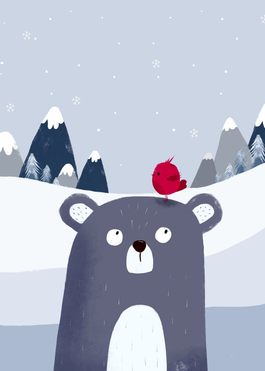 Playful Friends – Bear & Bird Poster