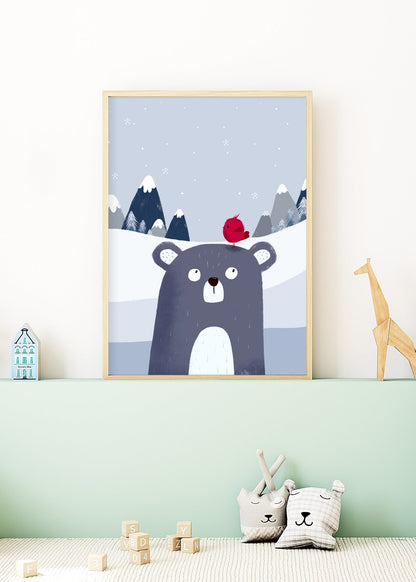 Playful Friends – Bear & Bird Poster