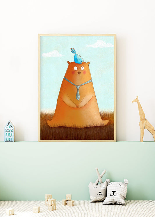 Playful Friends - Bear with bird Poster